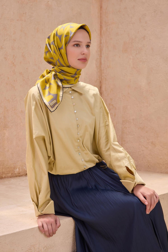 Belli İpek Eşarp - 4117-33 Sarı Gri Twill