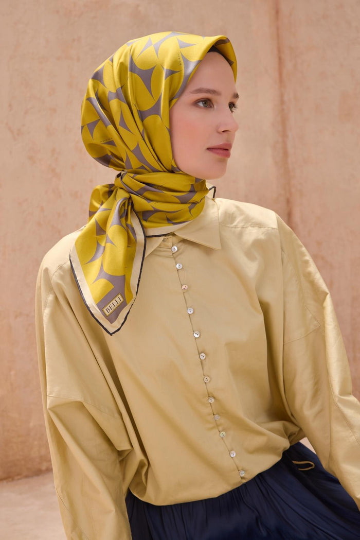 Belli İpek Eşarp - 4117-33 Sarı Gri Twill