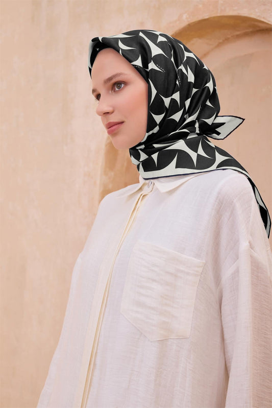 Belli İpek Eşarp - 4117-80 Siyah Ekru Twill