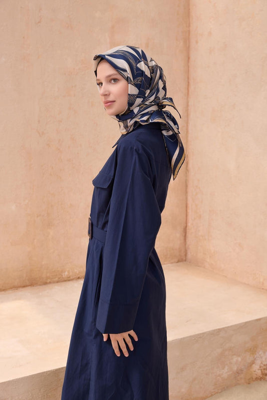 Belli İpek Eşarp - 4123-31 Lacivert Ekru Twill