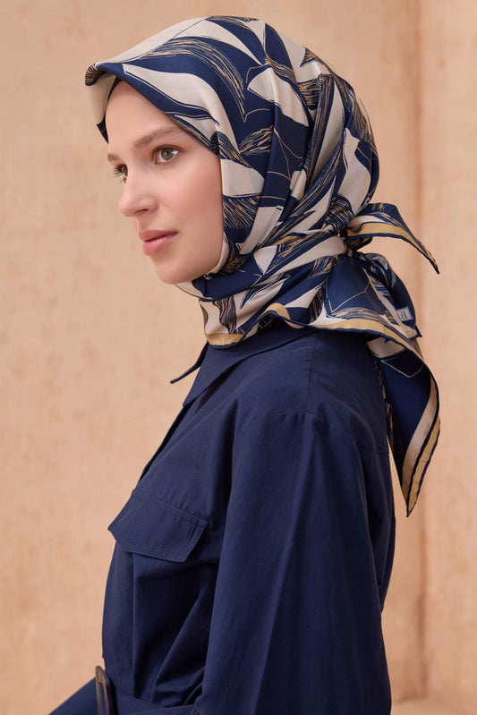 Belli İpek Eşarp - 4123-31 Lacivert Ekru Twill