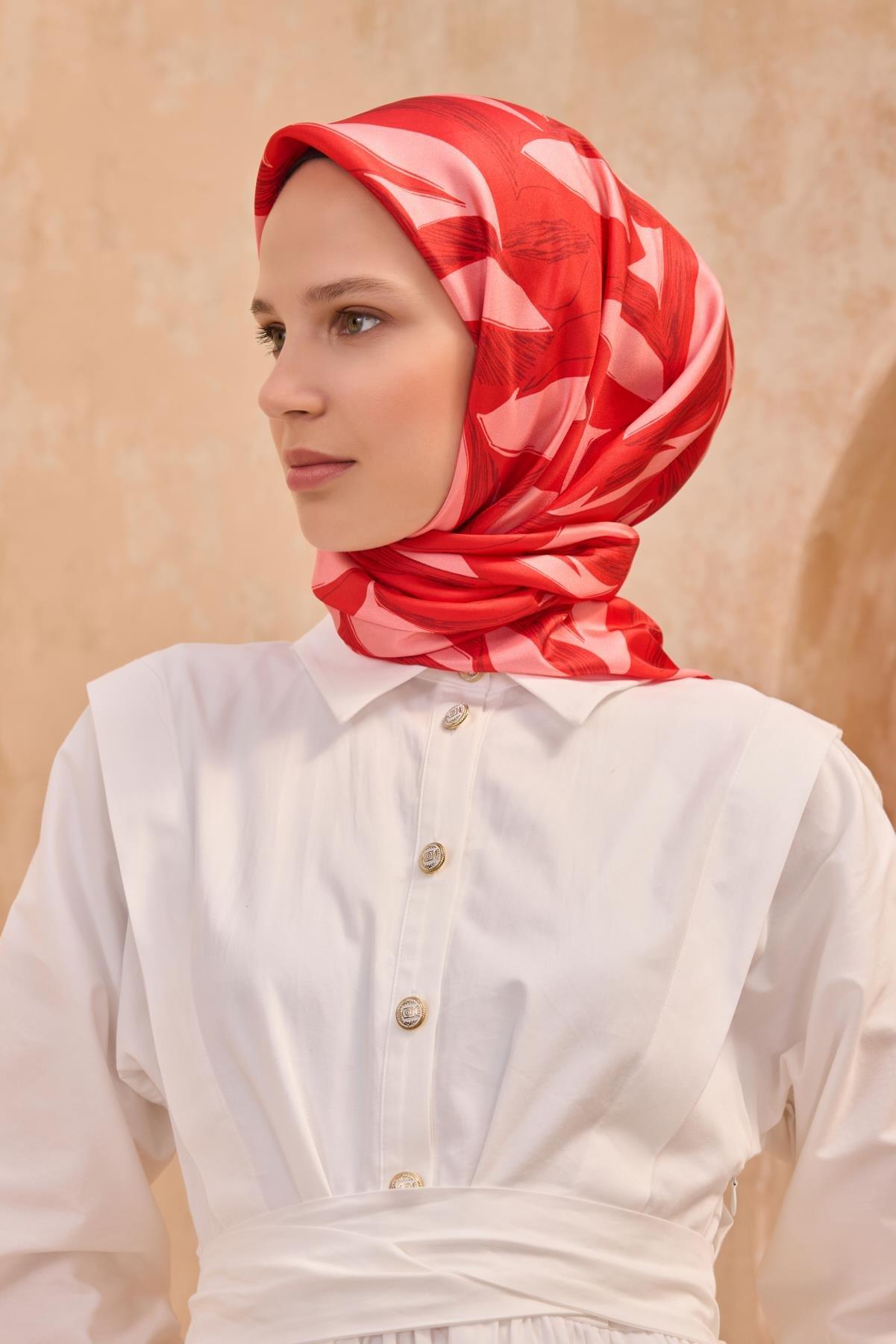 Belli İpek Eşarp - 4123-38 Kırmızı Pembe Twill