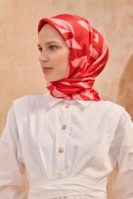 Belli İpek Eşarp - 4123-38 Kırmızı Pembe Twill