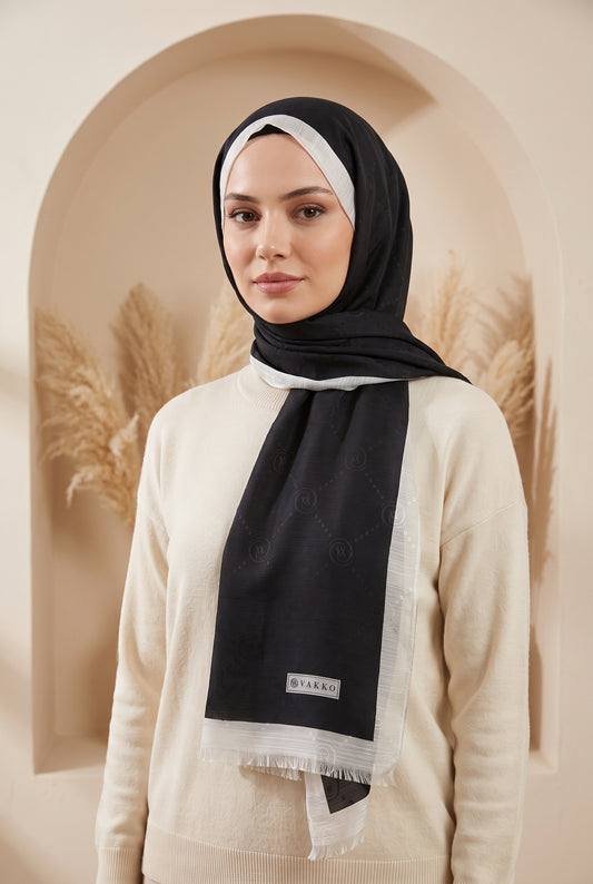 Vakko Pamuk İpek Şal - Şeritli Monogram - Siyah Beyaz
