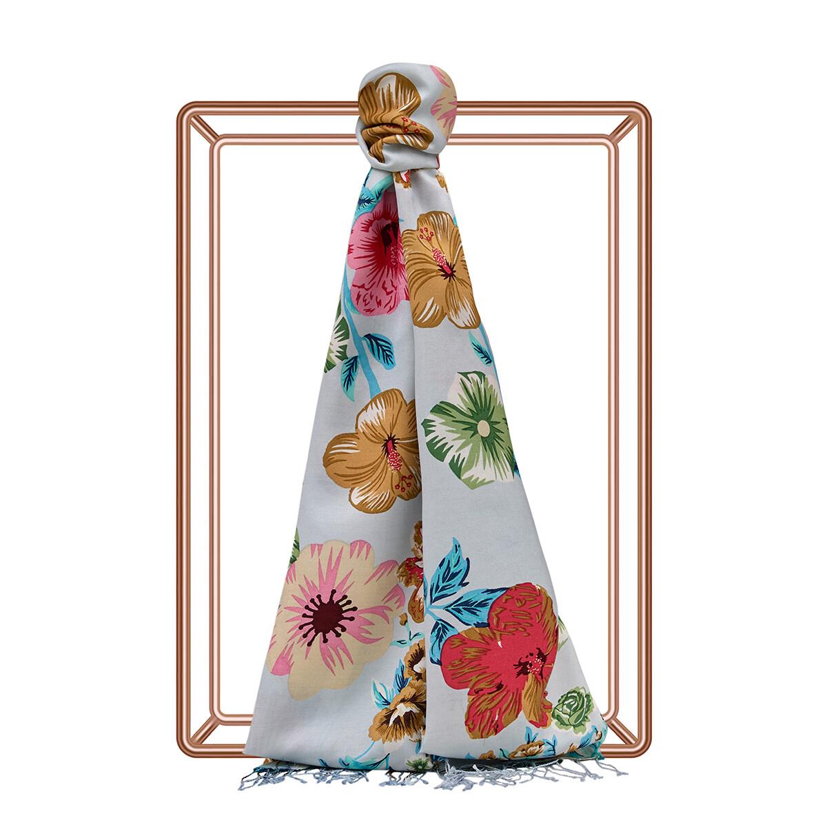 İpekevi Desenli İpek Şal - Floral Desenli - Bebe Mavisi