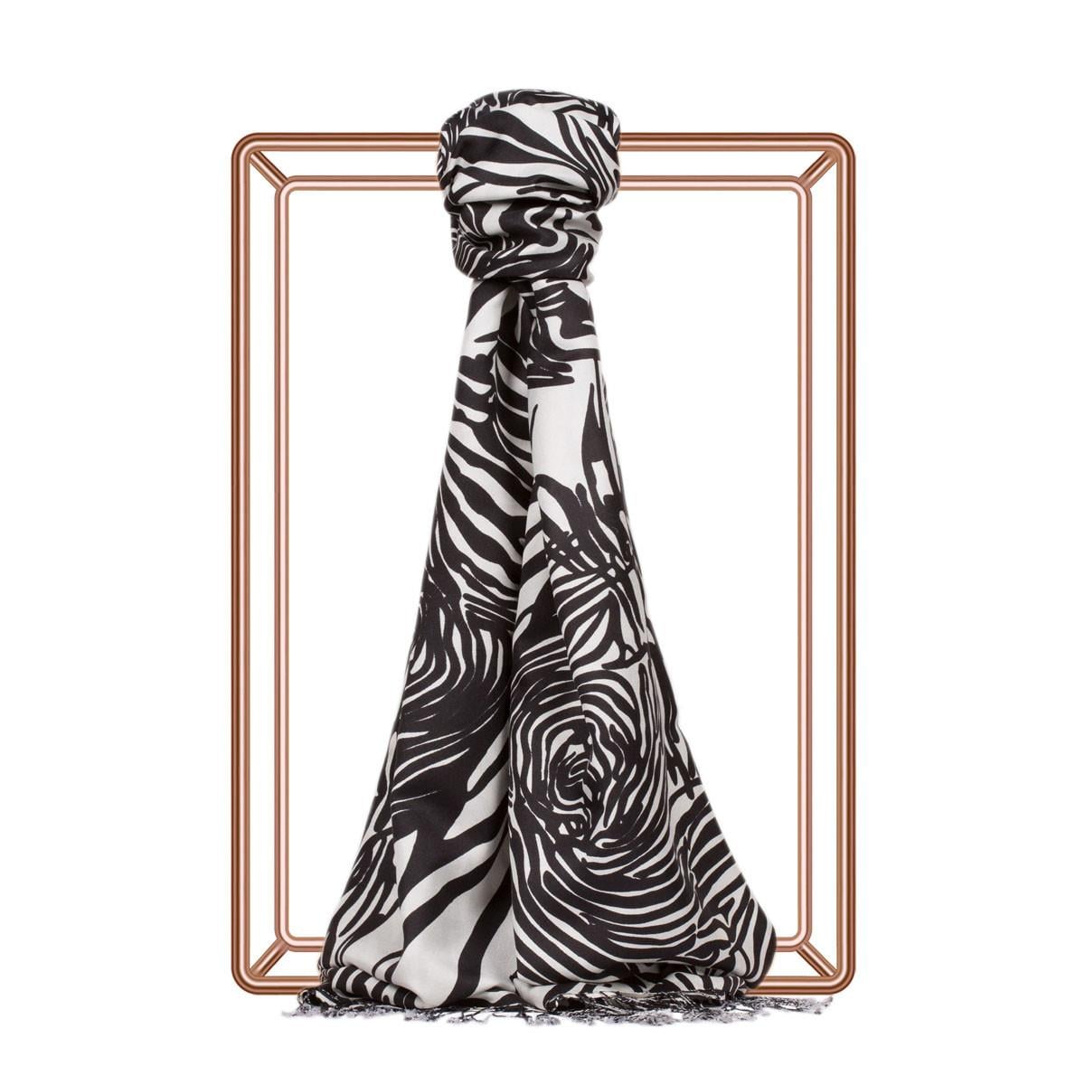 İpekevi Desenli İpek Şal - Zebra Desenli - Siyah Beyaz