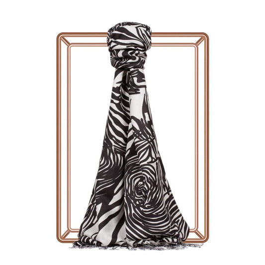 İpekevi Desenli İpek Şal - Zebra Desenli - Siyah Beyaz