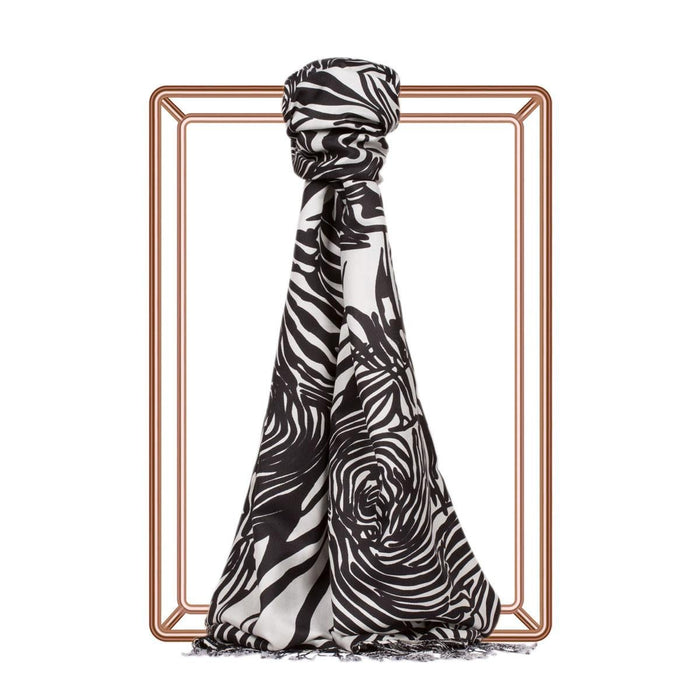İpekevi Desenli İpek Şal - Zebra Desenli - Siyah Beyaz