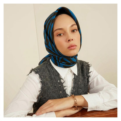 İpekevi Twill İpek Eşarp - Makro Zebra Desenli - Saks Mavi