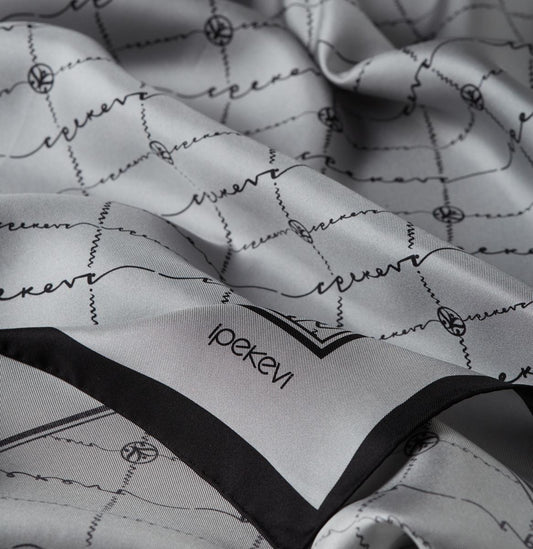 İpekevi Twill İpek Eşarp - Monogram - Gümüş