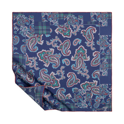 İpekevi Twill İpek Eşarp - Patchwork Desenli - Lacivert Kırmızı