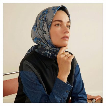 İpekevi Twill İpek Eşarp - Patchwork Desenli - Gümüş