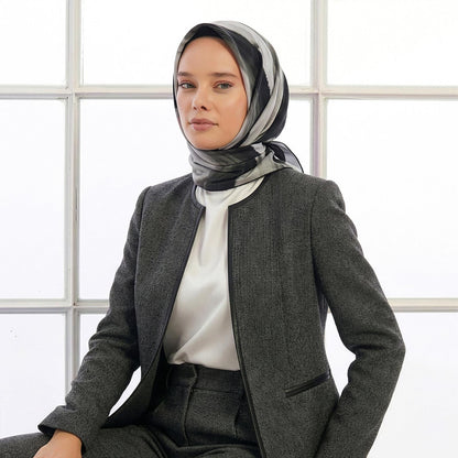 İpekevi Twill İpek Eşarp - Rüya Desenli - Gri Siyah