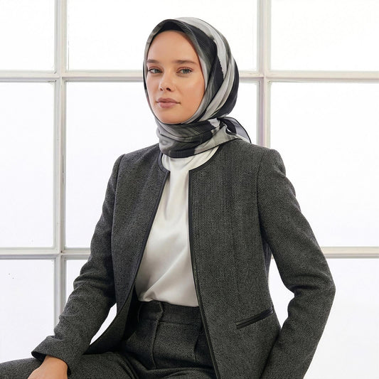 İpekevi Twill İpek Eşarp - Rüya Desenli - Gri Siyah