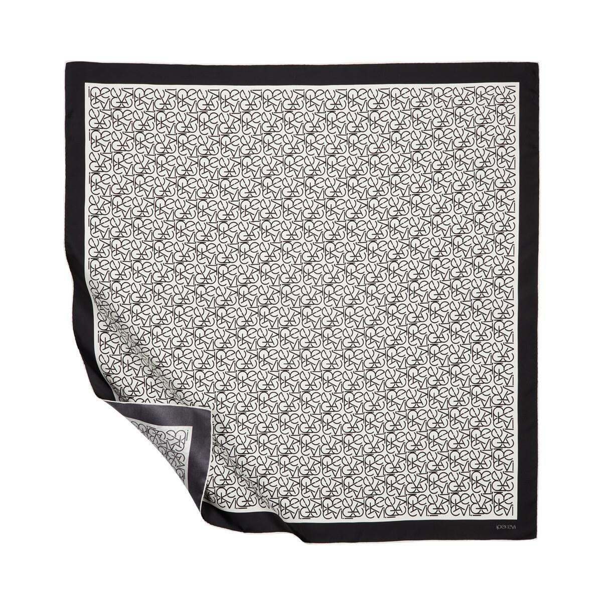 İpekevi Twill İpek Eşarp - Typo Monogram - Beyaz Siyah