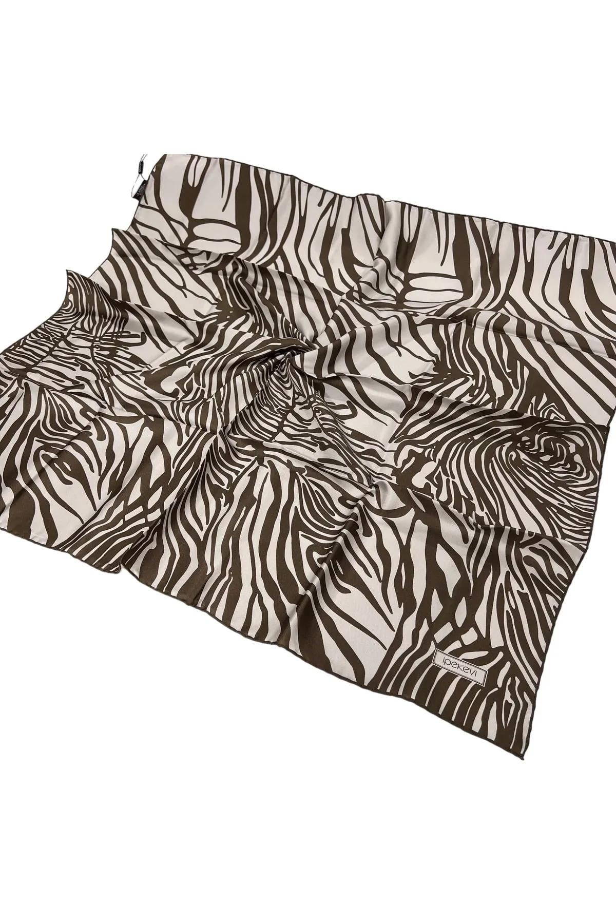 İpekevi Twill İpek Eşarp - Zebra Desenli - Beyaz Haki
