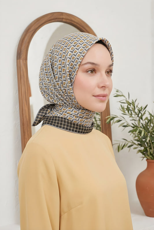 Armine Sport Twill Eşarp - 8557-37 Gri Sarı