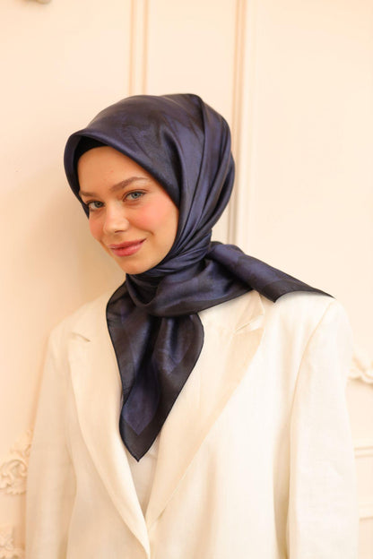 Silk Home Desenli Shiny Eşarp - 8647 - Koyu Lacivert