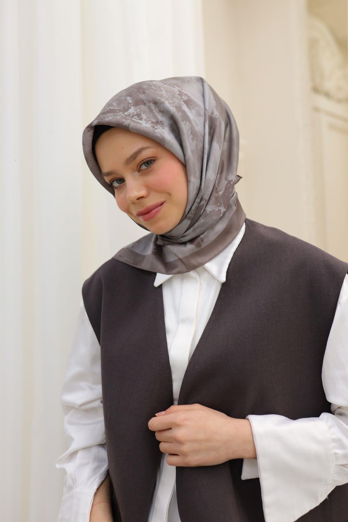 Silk Home Desenli Shiny Eşarp - 8647 - Koyu Vizon