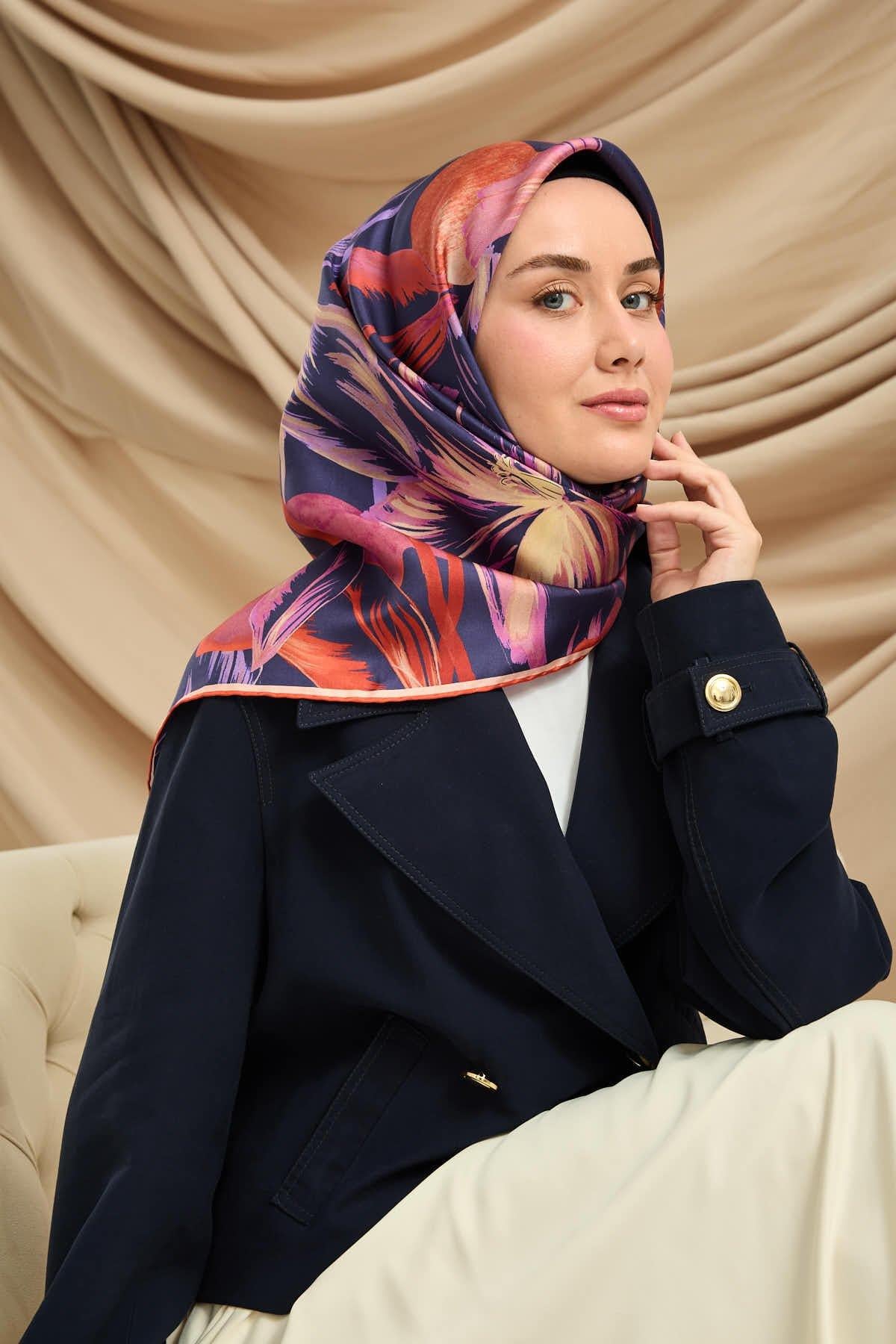 Silk Home Twill İpek Eşarp - 11480-64 Morcivert Turuncu