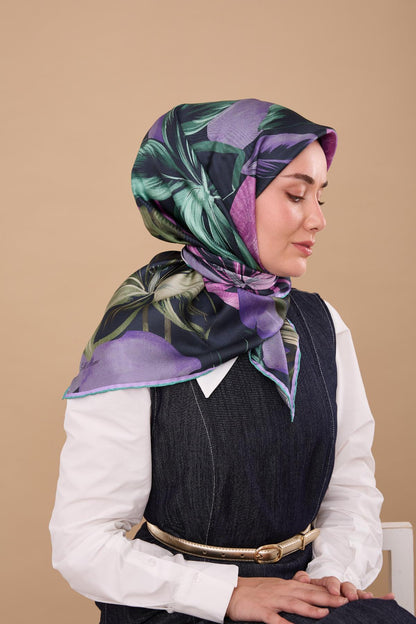 Silk Home Twill İpek Eşarp - 11480-70 Mor Yeşil