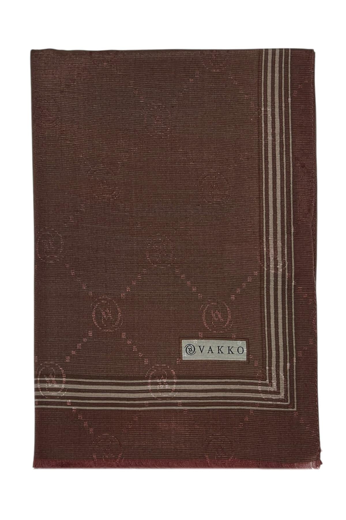 Vakko Pamuk İpek Şal - Bordürlü Monogram - Kızıl Kahve
