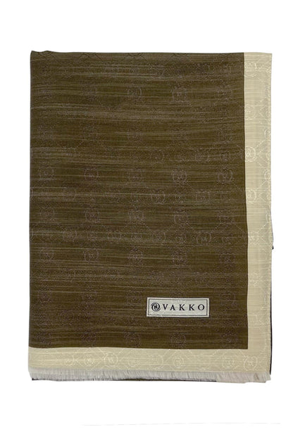 Vakko Pamuk İpek Şal - Şeritli Hologram - Koyu Haki Bej
