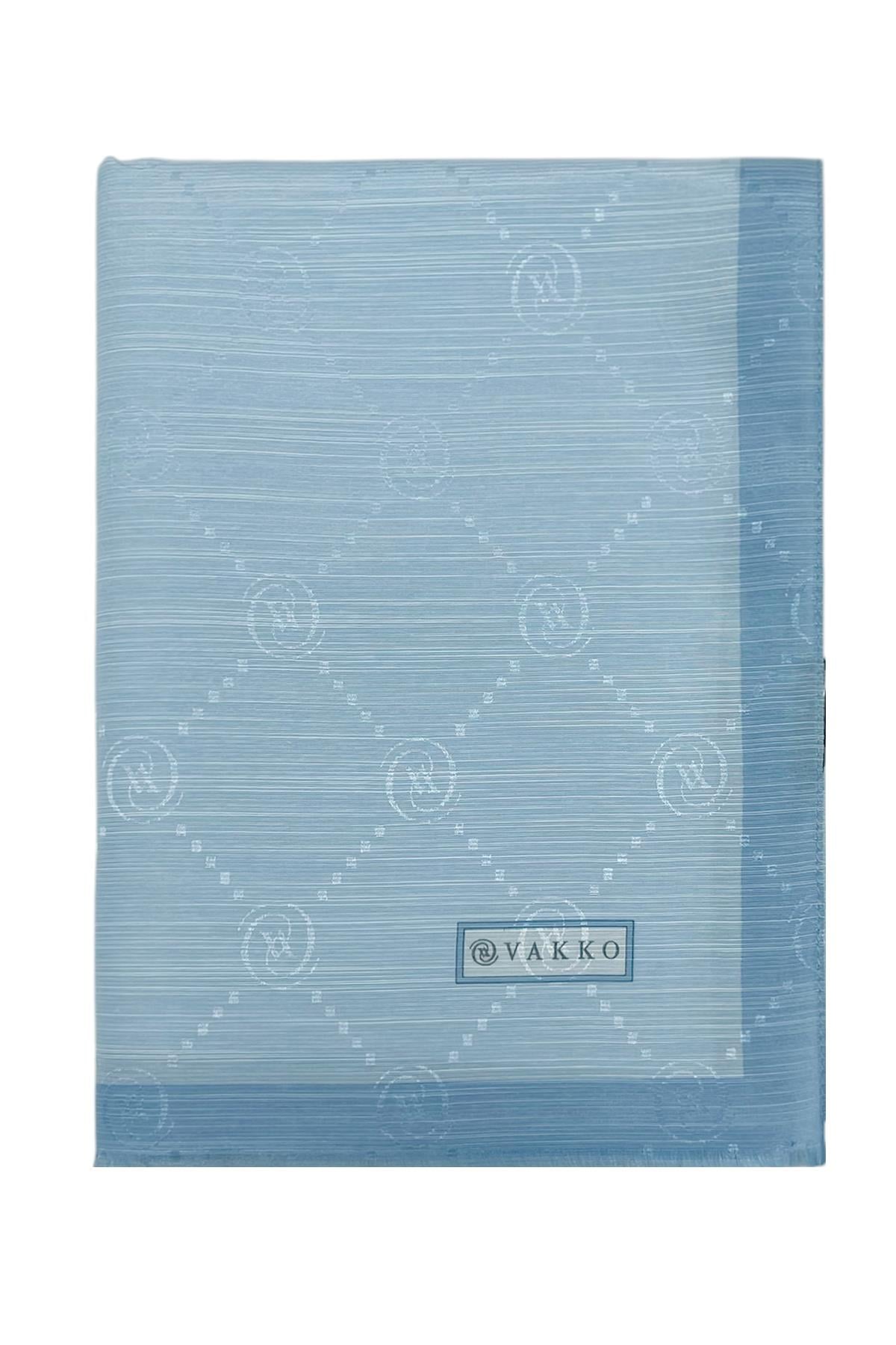 Vakko Pamuk İpek Şal - Şeritli Monogram - Bebe Mavi