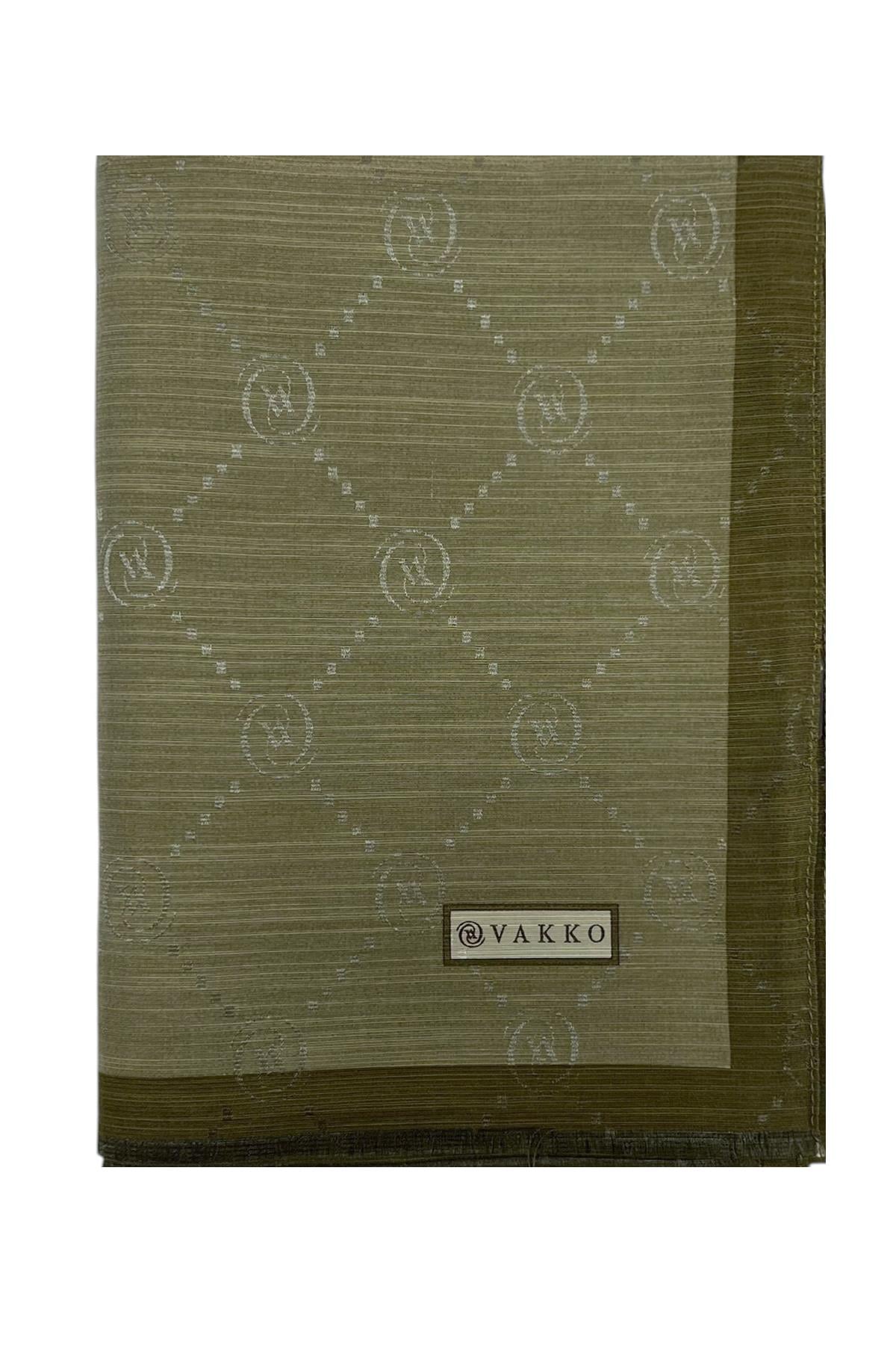 Vakko Pamuk İpek Şal - Şeritli Monogram - Haki