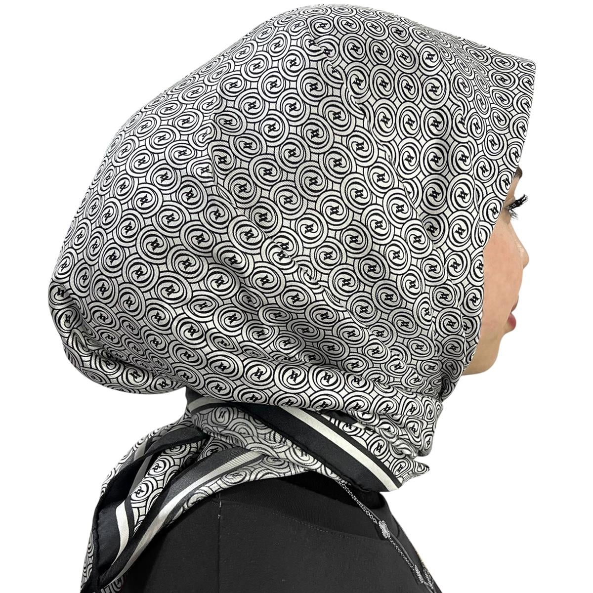 Vakko Twill İpek Eşarp - Helezon Monogram - Beyaz Siyah