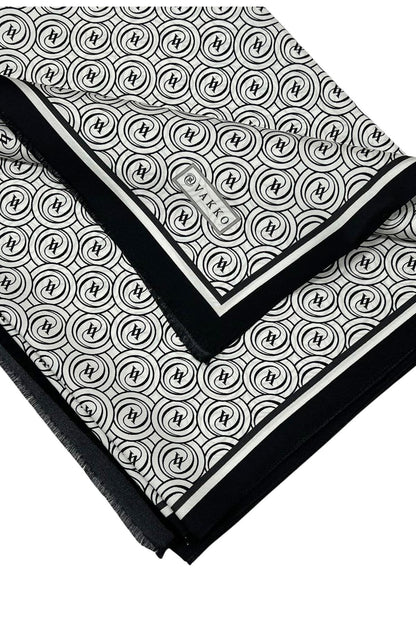 Vakko Twill İpek Şal - Helezon Monogram - Beyaz Siyah