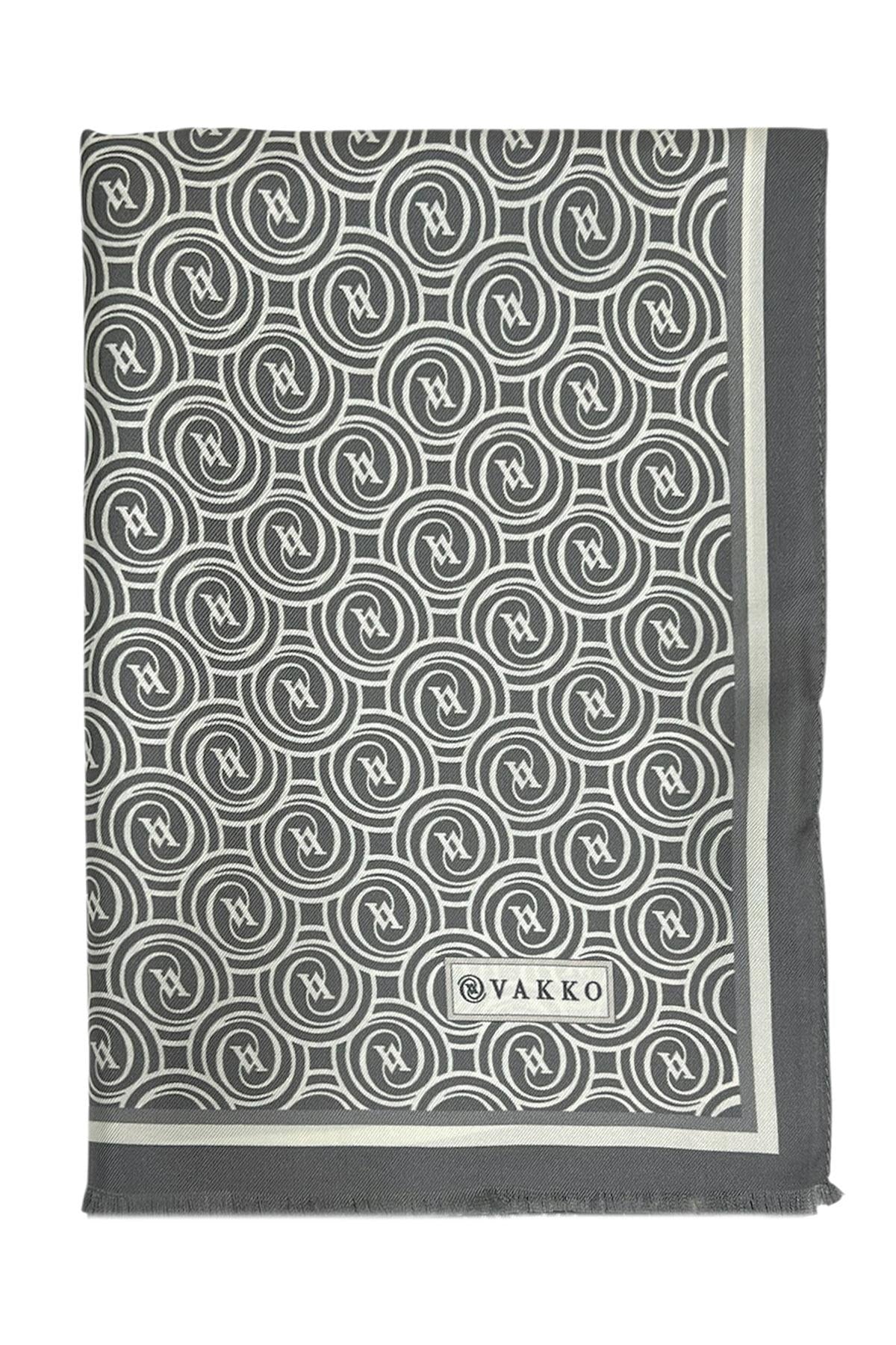 Vakko Twill İpek Şal - Helezon Monogram - Gri Ekru