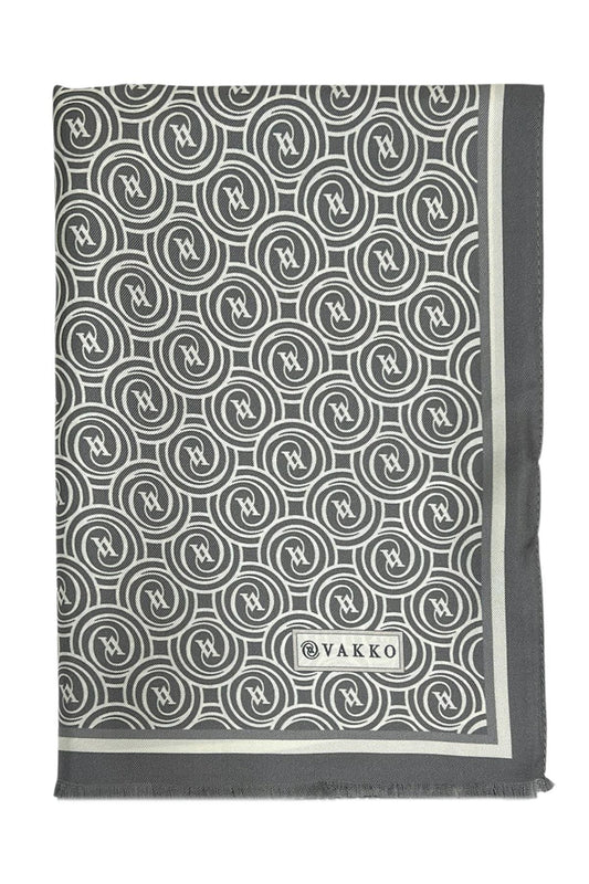Vakko Twill İpek Şal - Helezon Monogram - Gri Ekru