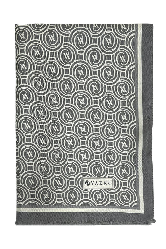 Vakko Twill İpek Şal - Helezon Monogram - Gri Ekru