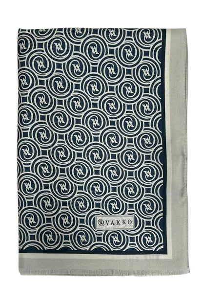 Vakko Twill İpek Şal - Helezon Monogram - Lacivert Ekru