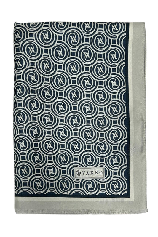 Vakko Twill İpek Şal - Helezon Monogram - Lacivert Ekru