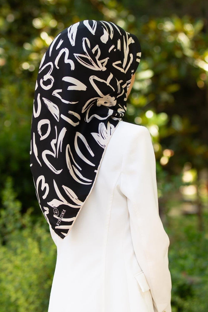 Vissona Twill İpek Eşarp - 60337 - 0001-0003 Siyah Krem