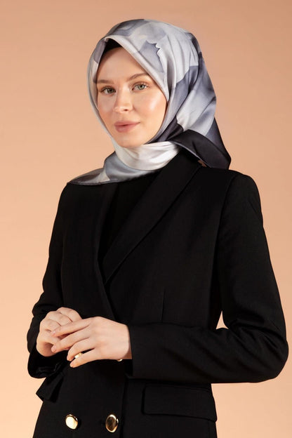 Vissona Twill İpek Eşarp - 61015 - 0028-0001 Gri Siyah