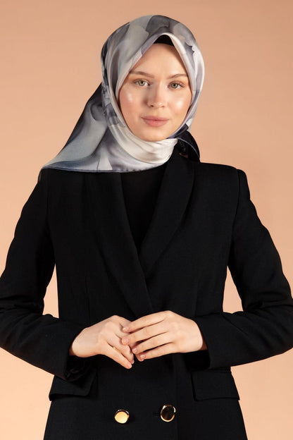 Vissona Twill İpek Eşarp - 61015 - 0028-0001 Gri Siyah