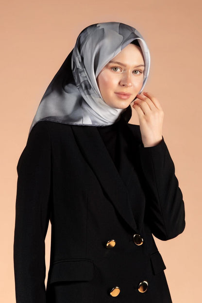 Vissona Twill İpek Eşarp - 61015 - 0028-0001 Gri Siyah