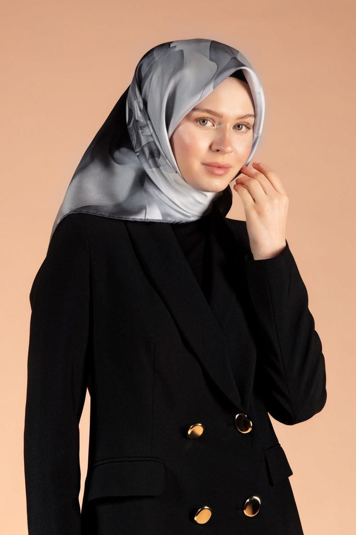 Vissona Twill İpek Eşarp - 61015 - 0028-0001 Gri Siyah